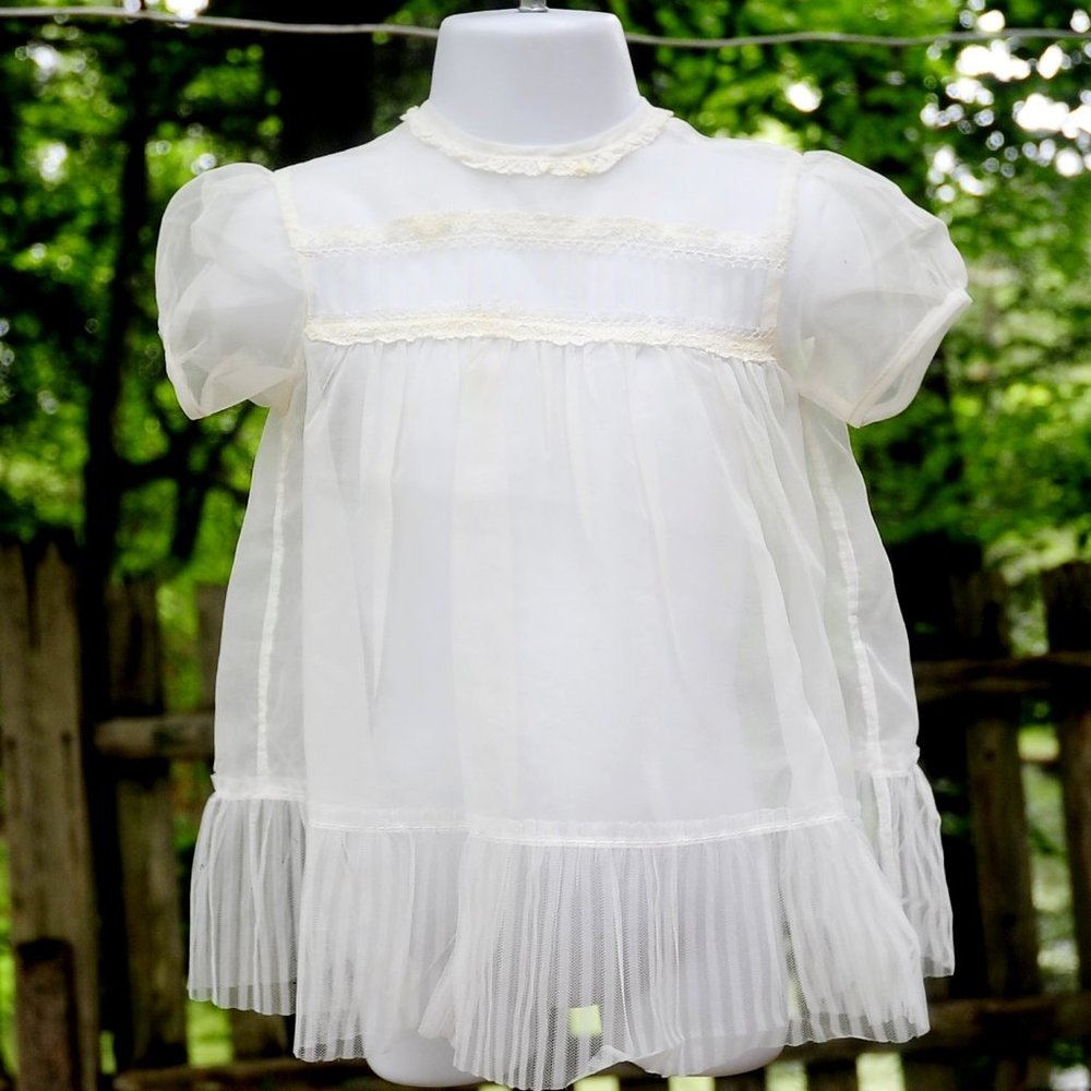 VTG 60's Baby Girls Ivory Illusion Organza Party Dress Baptism Holiday 6/9 Month